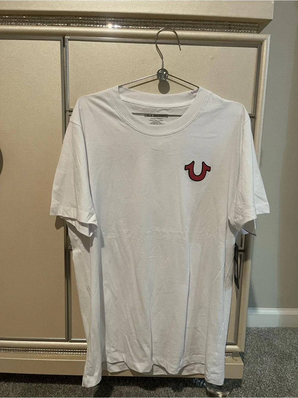 True Religion White Short Sleeve Tee with Red Horseshoe Logo